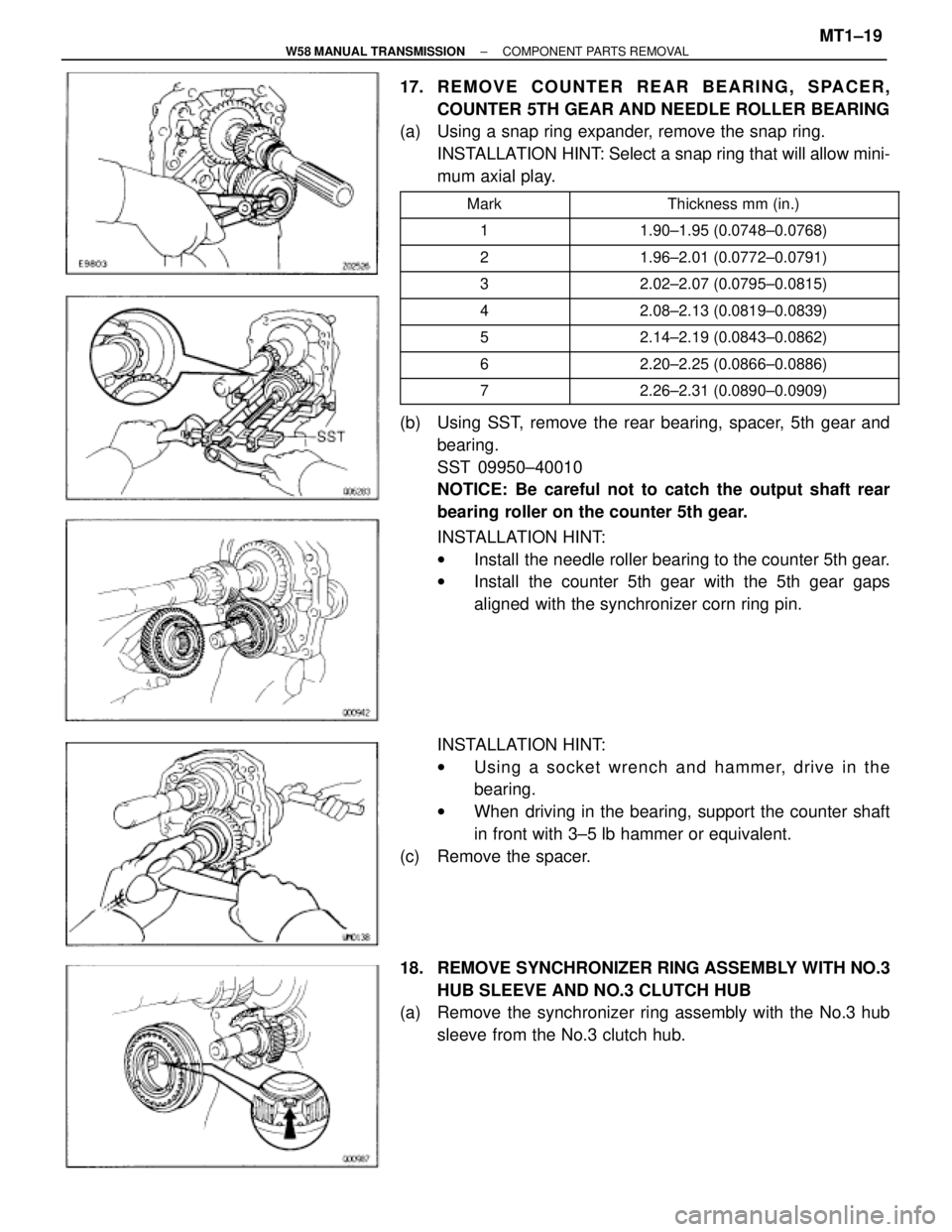 TOYOTA SUPRA 1995 Service Repair Manual 17. REMOVE COUNTER REAR BEARING, SPACER,
COUNTER 5TH GEAR AND NEEDLE ROLLER BEARING
(a) Using a snap ring expander, remove the snap ring.
INSTALLATION HINT: Select a snap ring that will allow mini-
m TOYOTA SUPRA 1995 Service Repair Manual 17. REMOVE COUNTER REAR BEARING, SPACER,
COUNTER 5TH GEAR AND NEEDLE ROLLER BEARING
(a) Using a snap ring expander, remove the snap ring.
INSTALLATION HINT: Select a snap ring that will allow mini-
m