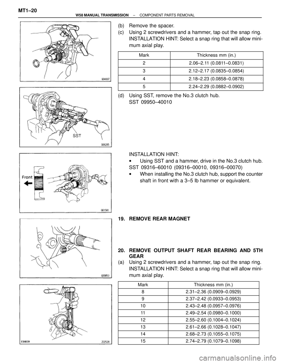 TOYOTA SUPRA 1995 Service Repair Manual (b) Remove the spacer.
(c) Using 2 screwdrivers and a hammer, tap out the snap ring.
INSTALLATION HINT: Select a snap ring that will allow mini-
mum axial play.
Mark TOYOTA SUPRA 1995 Service Repair Manual (b) Remove the spacer.
(c) Using 2 screwdrivers and a hammer, tap out the snap ring.
INSTALLATION HINT: Select a snap ring that will allow mini-
mum axial play.
Mark