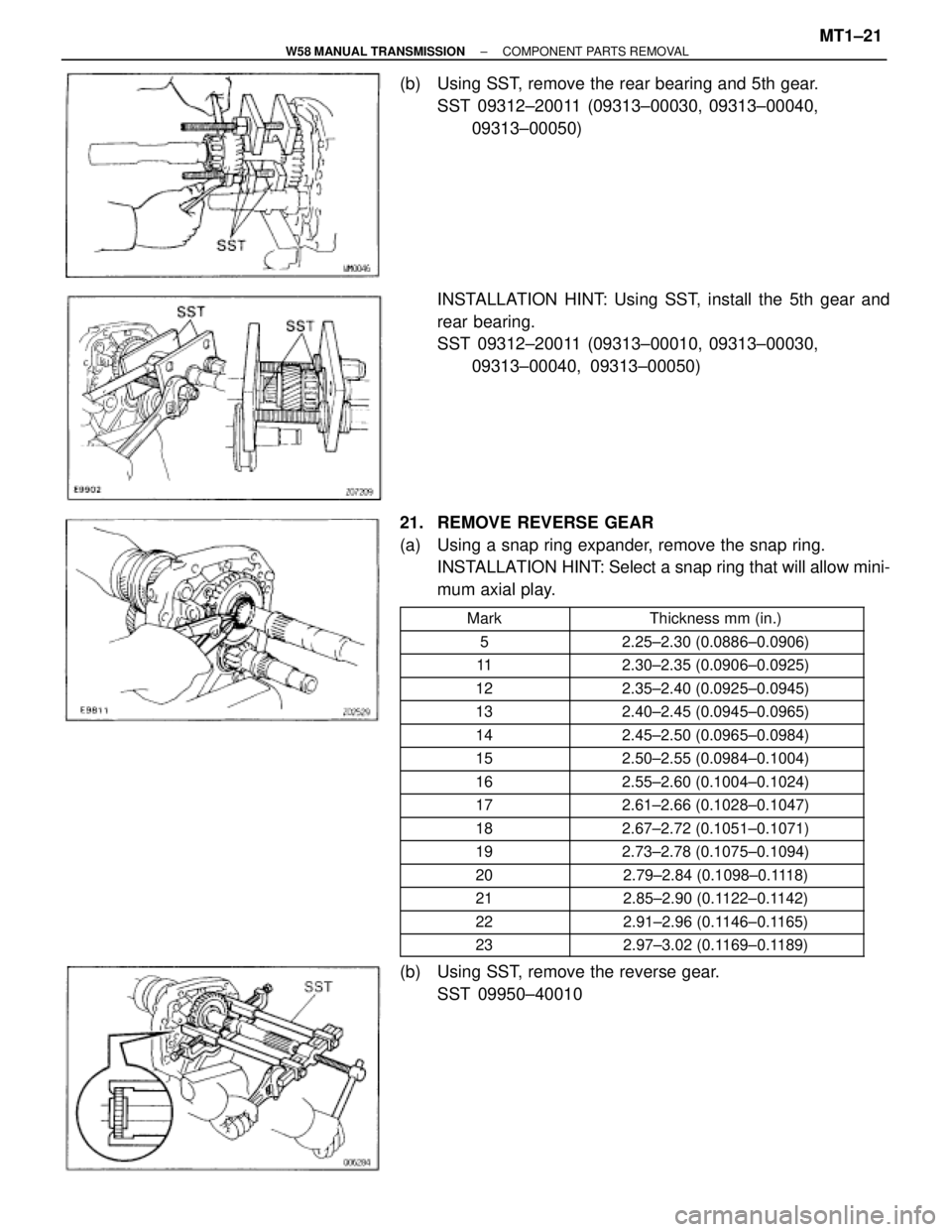 TOYOTA SUPRA 1995  Service Repair Manual (b)  Using SST, remove the rear bearing and 5th gear.
SST 09312±20011 (09313±00030, 09313±00040, 
09313±00050)
INSTALLATION HINT: Using SST, install the 5th gear and
rear bearing.
SST 09312±20011