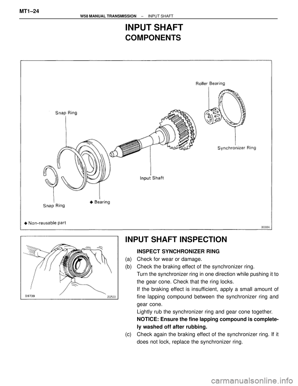 TOYOTA SUPRA 1995  Service Repair Manual INPUT SHAFT
COMPONENTS
INPUT SHAFT INSPECTION
INSPECT SYNCHRONIZER RING
(a)  Check for wear or damage.
(b)  Check the braking effect of the synchronizer ring.
Turn the synchronizer ring in one directi