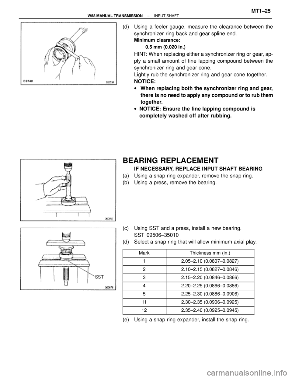 TOYOTA SUPRA 1995 Service Repair Manual (d) Using a feeler gauge, measure the clearance between the
synchronizer ring back and gear spline end.
Minimum clearance:
0.5 mm (0.020 in.)
HINT: When replacing either a synchronizer ring or gear, TOYOTA SUPRA 1995 Service Repair Manual (d) Using a feeler gauge, measure the clearance between the
synchronizer ring back and gear spline end.
Minimum clearance:
0.5 mm (0.020 in.)
HINT: When replacing either a synchronizer ring or gear,