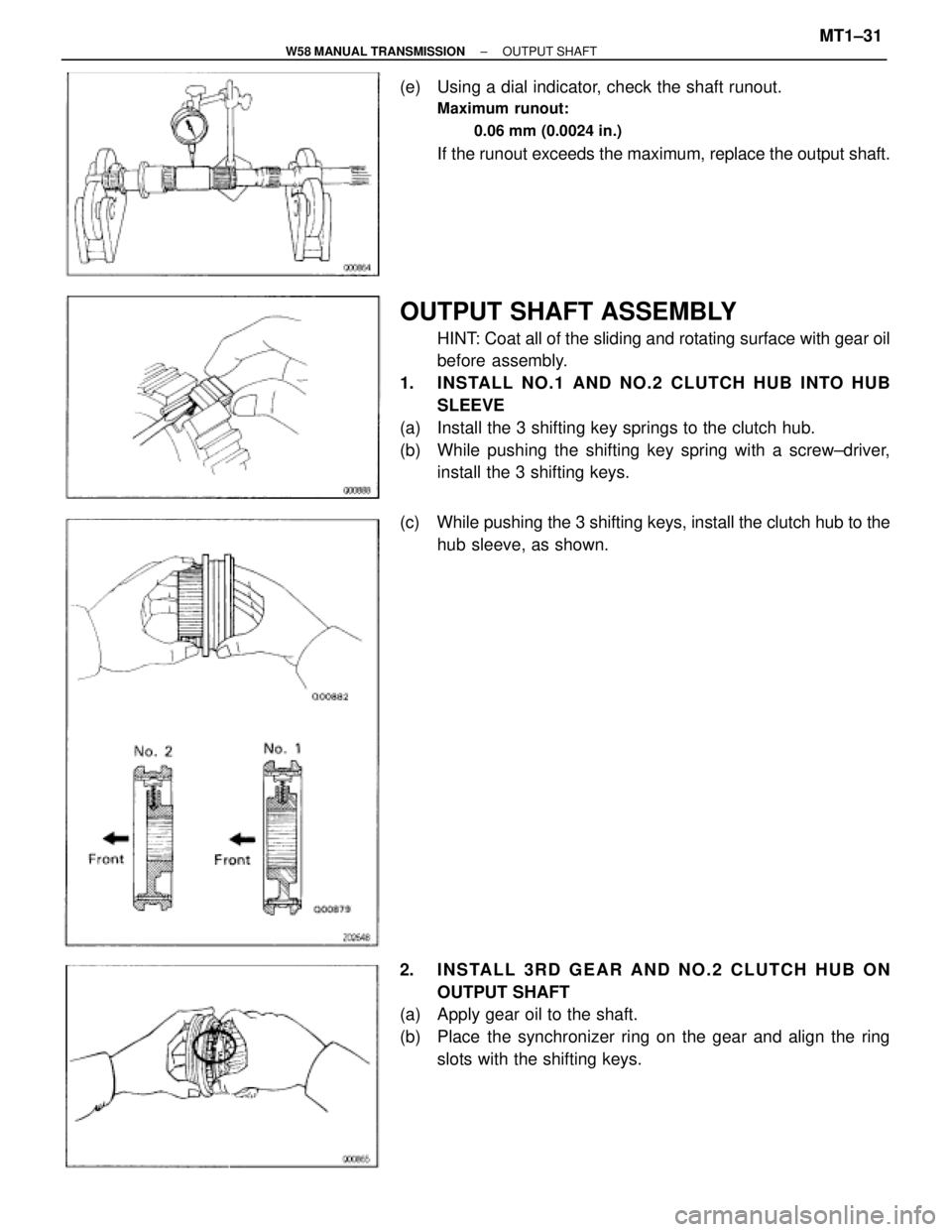 TOYOTA SUPRA 1995  Service Repair Manual (e)  Using a dial indicator, check the shaft runout.
Maximum runout:
0.06 mm (0.0024 in.)
If the runout exceeds the maximum, replace the output shaft.
OUTPUT SHAFT ASSEMBLY
HINT: Coat all of the slidi