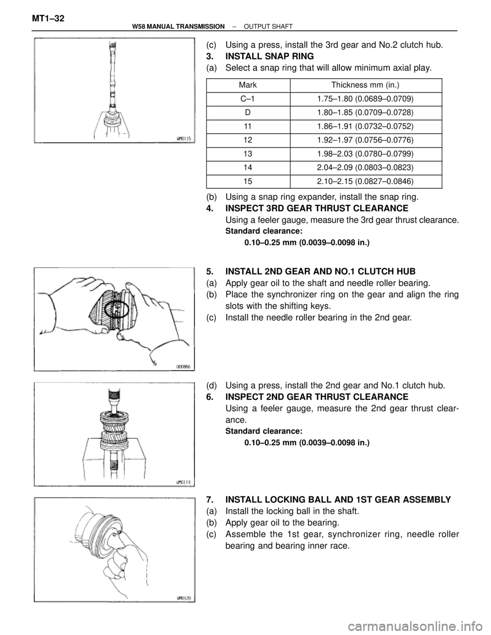 TOYOTA SUPRA 1995 Service Repair Manual (c) Using a press, install the 3rd gear and No.2 clutch hub.
3. INSTALL SNAP RING
(a) Select a snap ring that will allow minimum axial play.
Mark Thicknes TOYOTA SUPRA 1995 Service Repair Manual (c) Using a press, install the 3rd gear and No.2 clutch hub.
3. INSTALL SNAP RING
(a) Select a snap ring that will allow minimum axial play.
Mark Thicknes