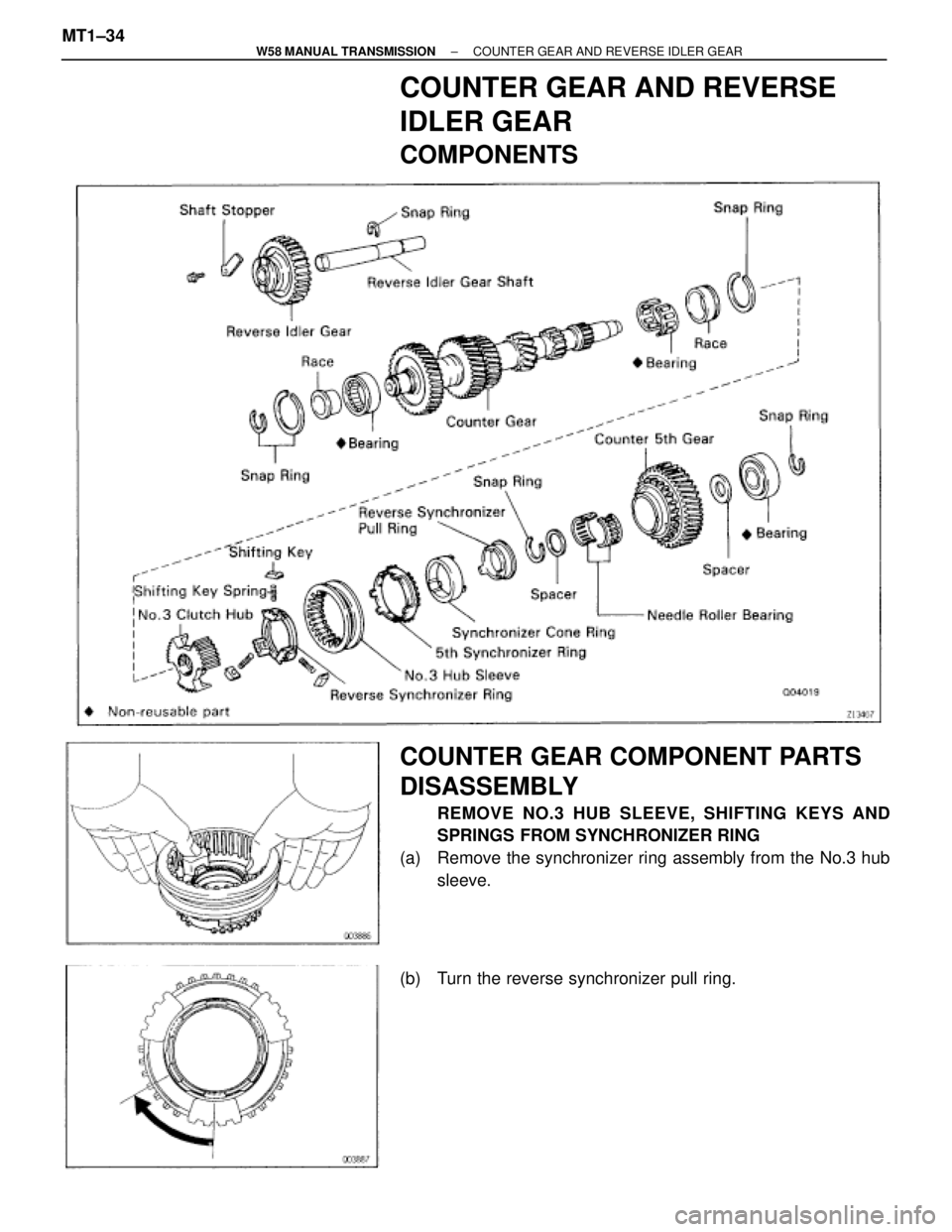 TOYOTA SUPRA 1995  Service Repair Manual COUNTER GEAR AND REVERSE
IDLER GEAR
COMPONENTS
COUNTER GEAR COMPONENT PARTS
DISASSEMBLY
REMOVE NO.3 HUB SLEEVE, SHIFTING KEYS AND
SPRINGS FROM SYNCHRONIZER RING
(a)  Remove the synchronizer ring assem