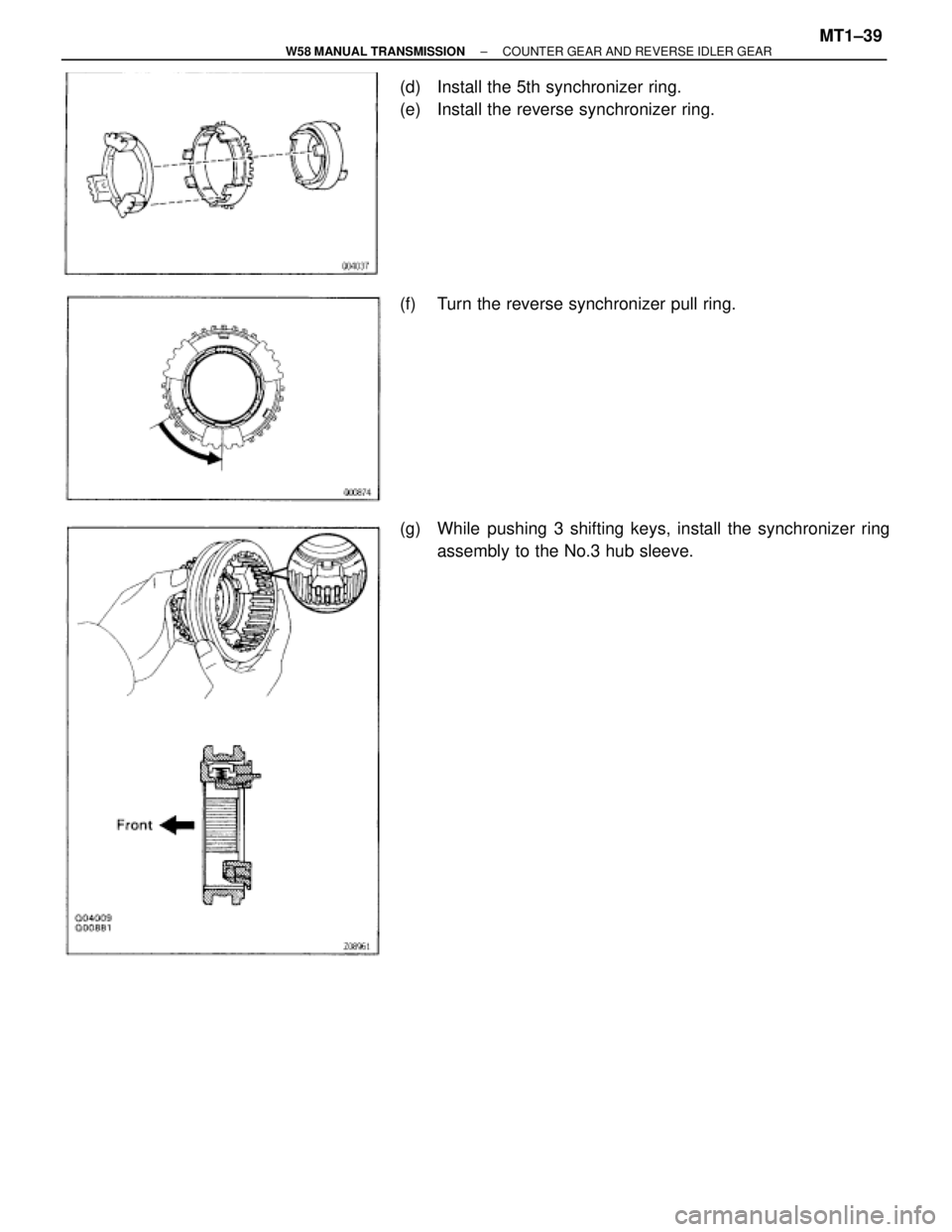 TOYOTA SUPRA 1995  Service Repair Manual (d)  Install the 5th synchronizer ring.
(e)  Install the reverse synchronizer ring.
(f)  Turn the reverse synchronizer pull ring.
(g)  While pushing 3 shifting keys, install the synchronizer ring
asse