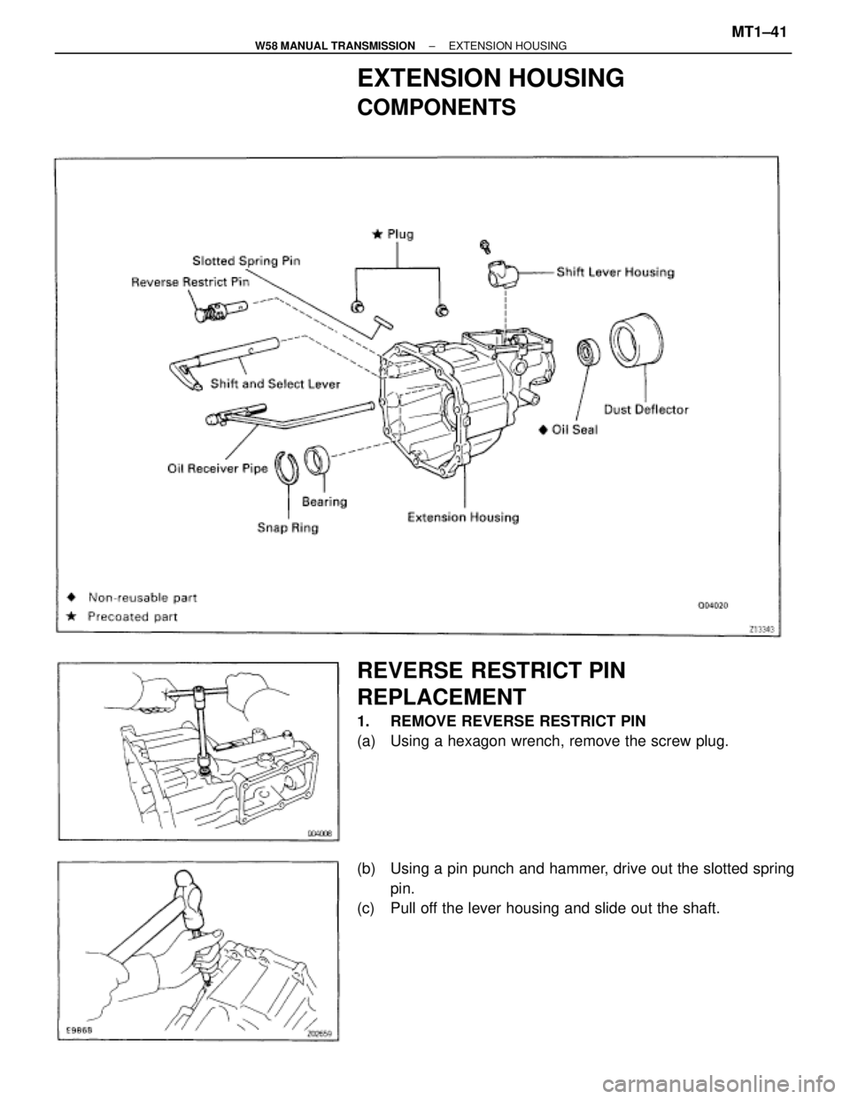 TOYOTA SUPRA 1995  Service Repair Manual EXTENSION HOUSING
COMPONENTS
REVERSE RESTRICT PIN
REPLACEMENT
1.  REMOVE REVERSE RESTRICT PIN
(a)  Using a hexagon wrench, remove the screw plug.
(b)  Using a pin punch and hammer, drive out the slott