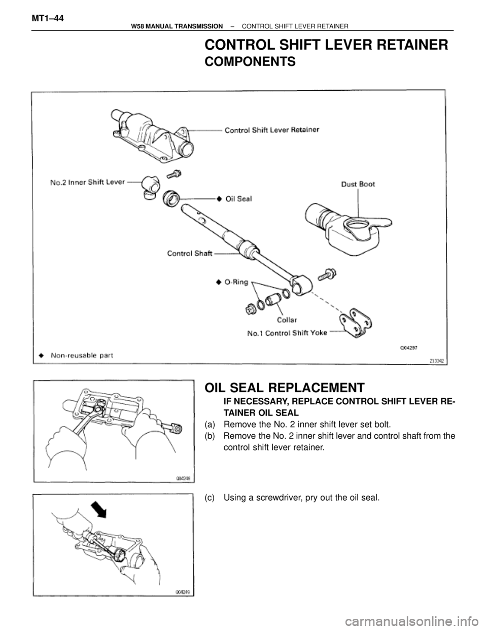 TOYOTA SUPRA 1995  Service Repair Manual CONTROL SHIFT LEVER RETAINER
COMPONENTS
OIL SEAL REPLACEMENT
IF NECESSARY, REPLACE CONTROL SHIFT LEVER RE-
TAINER OIL SEAL
(a)  Remove the No. 2 inner shift lever set bolt.
(b)  Remove the No. 2 inner