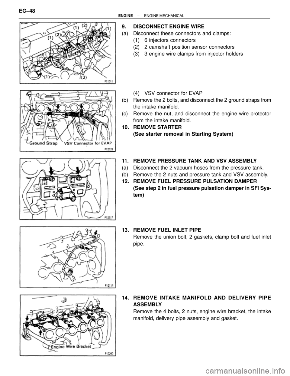 TOYOTA SUPRA 1995 Service Repair Manual 9. DISCONNECT ENGINE WIRE
(a) Disconnect these connectors and clamps:
(1) 6 injectors connectors
(2) 2 camshaft position sensor connectors
(3) 3 engine wire clamps from injector holders
(4) VSV TOYOTA SUPRA 1995 Service Repair Manual 9. DISCONNECT ENGINE WIRE
(a) Disconnect these connectors and clamps:
(1) 6 injectors connectors
(2) 2 camshaft position sensor connectors
(3) 3 engine wire clamps from injector holders
(4) VSV