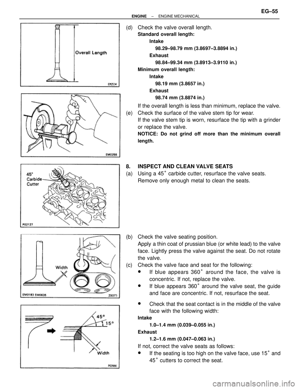 TOYOTA SUPRA 1995  Service Repair Manual (d)  Check the valve overall length.
Standard overall length:
Intake
98.29±98.79 mm (3.8697±3.8894 in.)
Exhaust
98.84±99.34 mm (3.8913±3.9110 in.)
Minimum overall length:
Intake
98.19 mm (3.8657 i