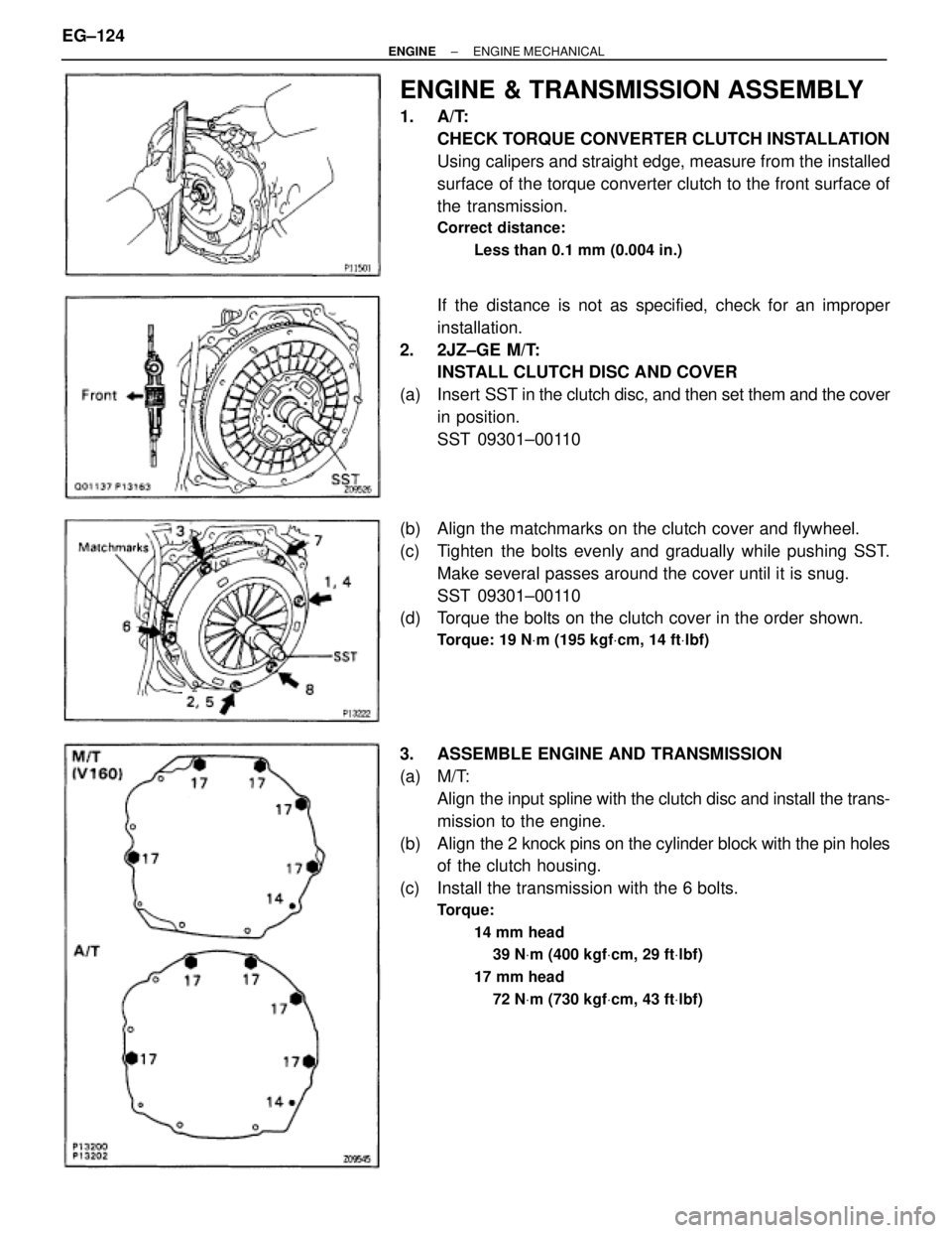 TOYOTA SUPRA 1995  Service Repair Manual ENGINE & TRANSMISSION ASSEMBLY
1. A/T:
CHECK TORQUE CONVERTER CLUTCH INSTALLATION
Using calipers and straight edge, measure from the installed
surface of the torque converter clutch to the front surfa