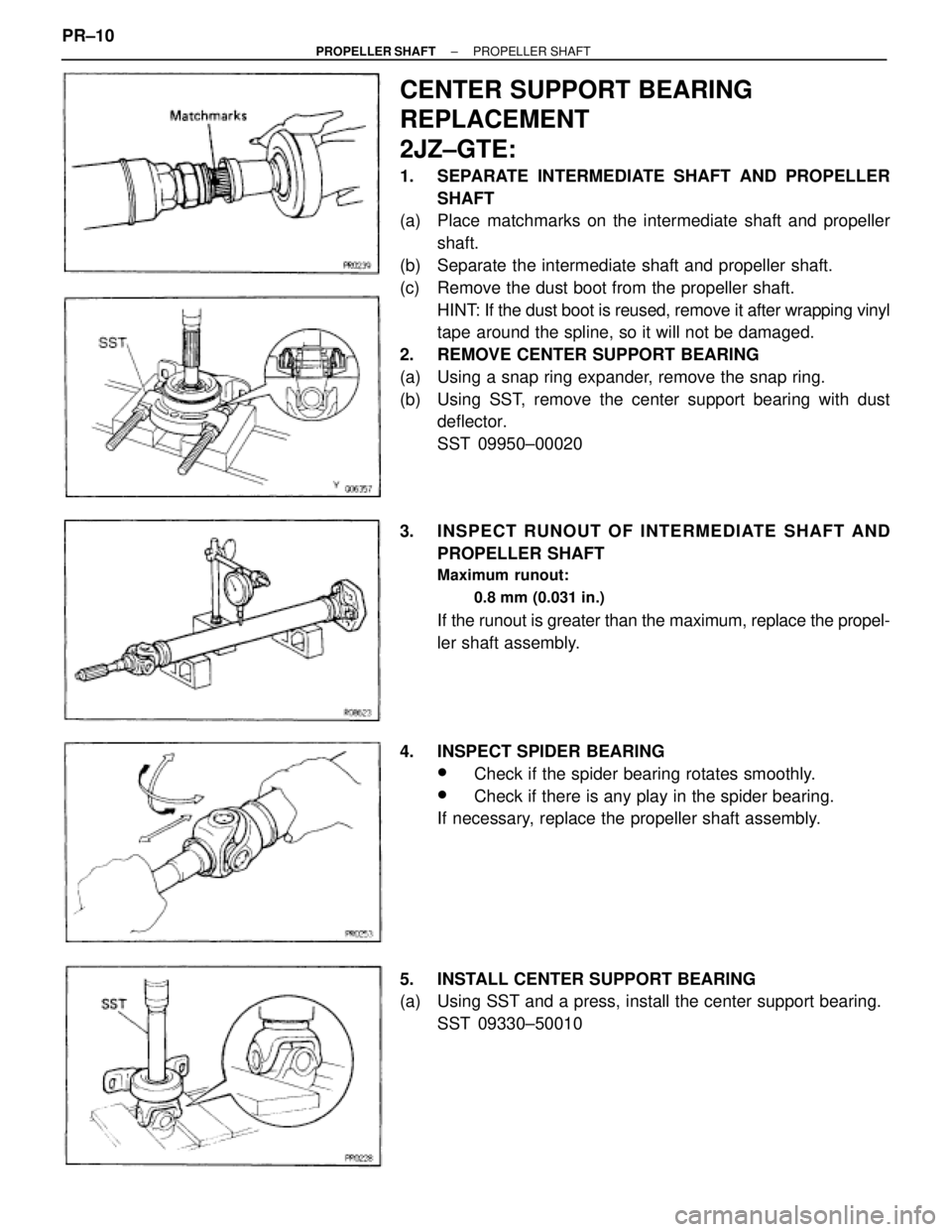 TOYOTA SUPRA 1995  Service Repair Manual CENTER SUPPORT BEARING
REPLACEMENT
2JZ±GTE:
1.  SEPARATE INTERMEDIATE SHAFT AND PROPELLER
SHAFT
(a)  Place matchmarks on the intermediate shaft and propeller
shaft.
(b)  Separate the intermediate sha