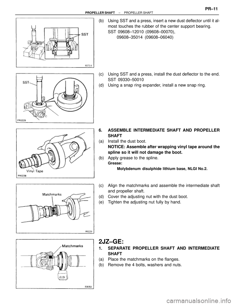 TOYOTA SUPRA 1995  Service Repair Manual (b) Using SST and a press, insert a new dust deflector until it al-
most touches the rubber of the center support bearing.
SST 09608±12010 (09608±00070),
09608±35014 (09608±06040)
(c)  Using SST a