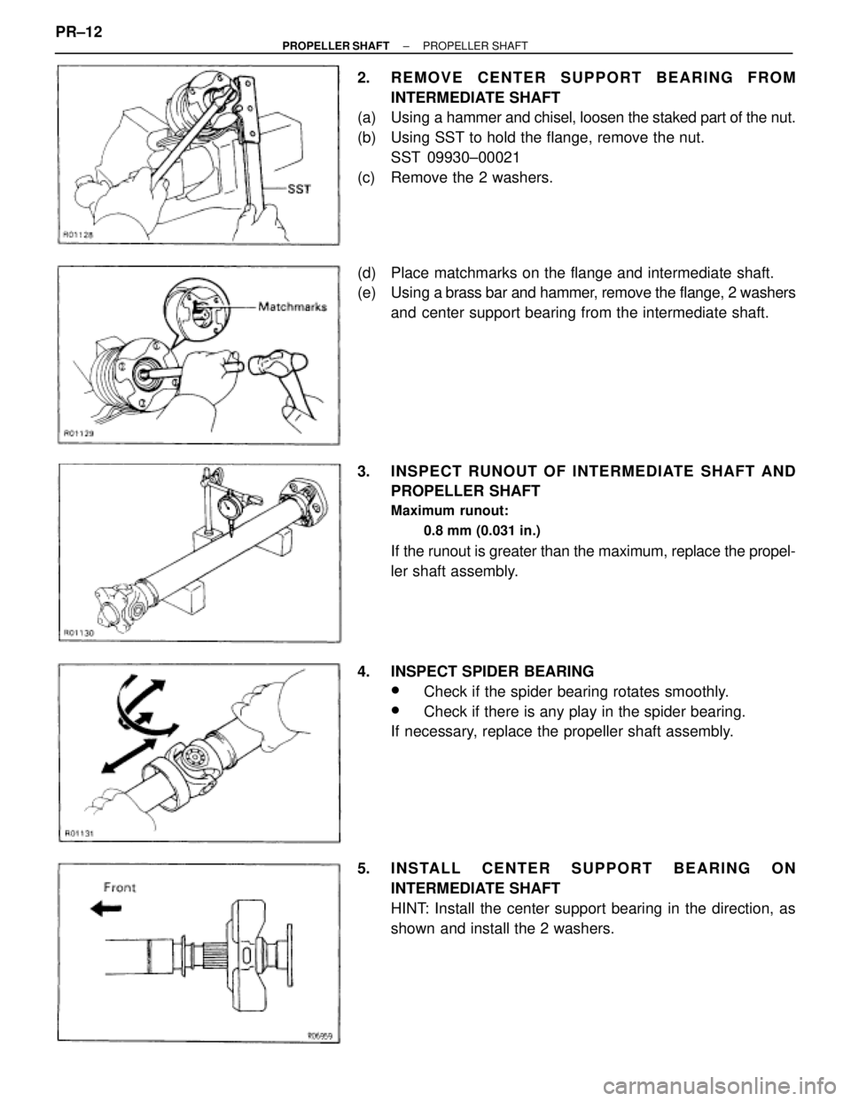 TOYOTA SUPRA 1995  Service Repair Manual 2. REMOVE CENTER SUPPORT BEARING FROM
INTERMEDIATE SHAFT
(a) Using a hammer and chisel, loosen the staked part of the nut.
(b)  Using SST to hold the flange, remove the nut.
SST 09930±00021
(c)  Remo