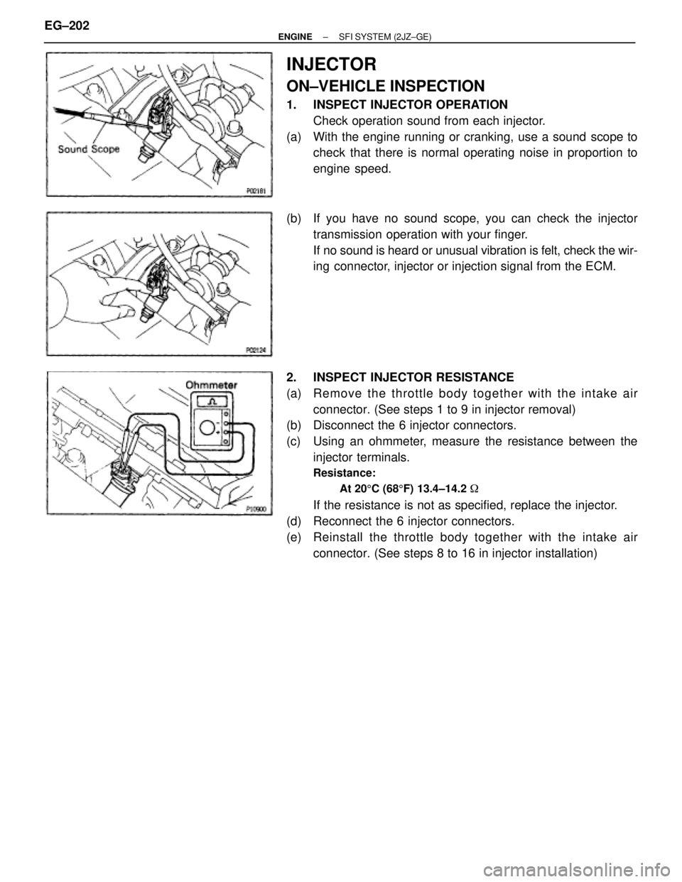 TOYOTA SUPRA 1995  Service Repair Manual INJECTOR
ON±VEHICLE INSPECTION
1. INSPECT INJECTOR OPERATION
Check operation sound from each injector.
(a)  With the engine running or cranking, use a sound scope to
check that there is normal operat