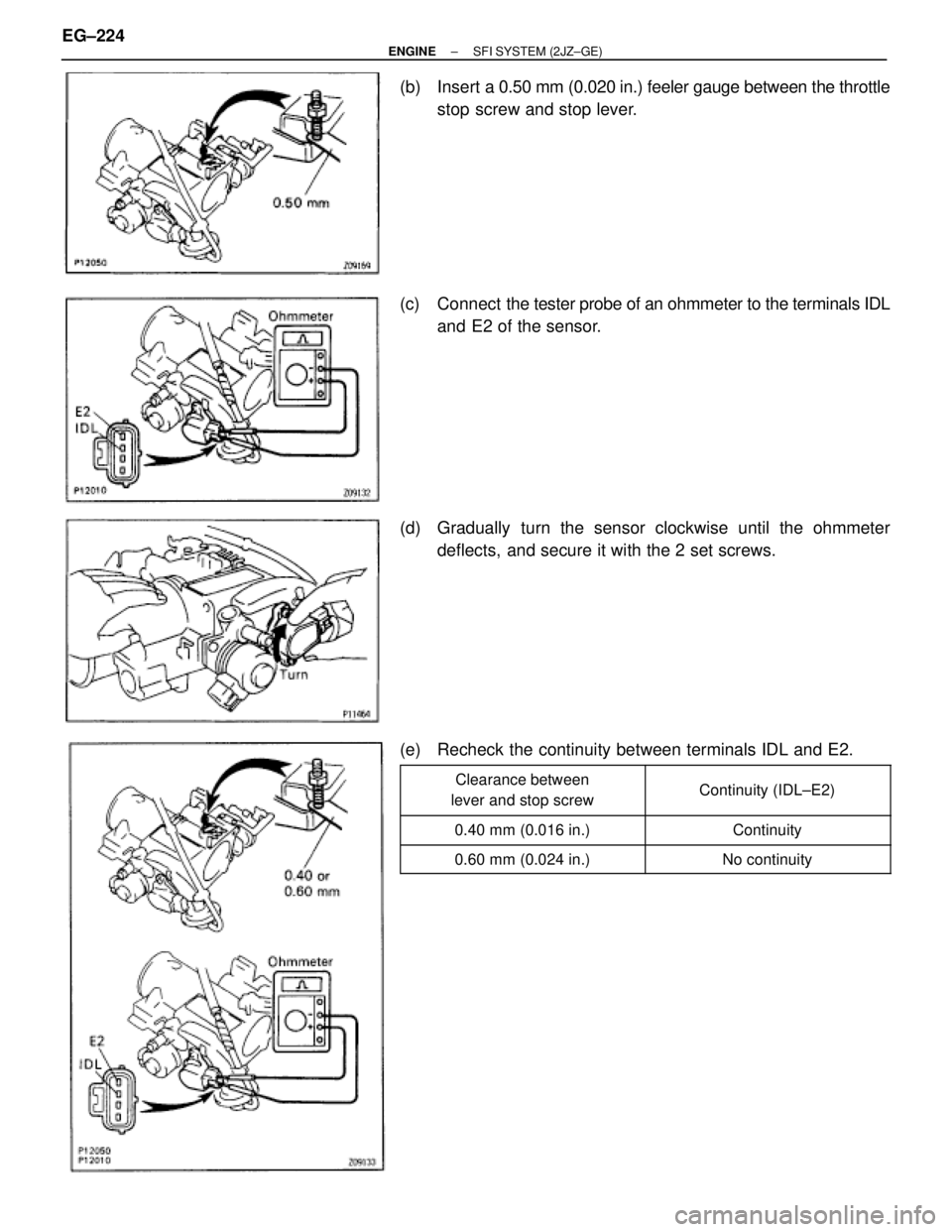 TOYOTA SUPRA 1995  Service Repair Manual (b) Insert a 0.50 mm (0.020 in.) feeler gauge between the throttle
stop screw and stop lever.
(c) Connect  the tester probe of an ohmmeter to the terminals IDL
and E2 of the sensor.
(d)  Gradually tur