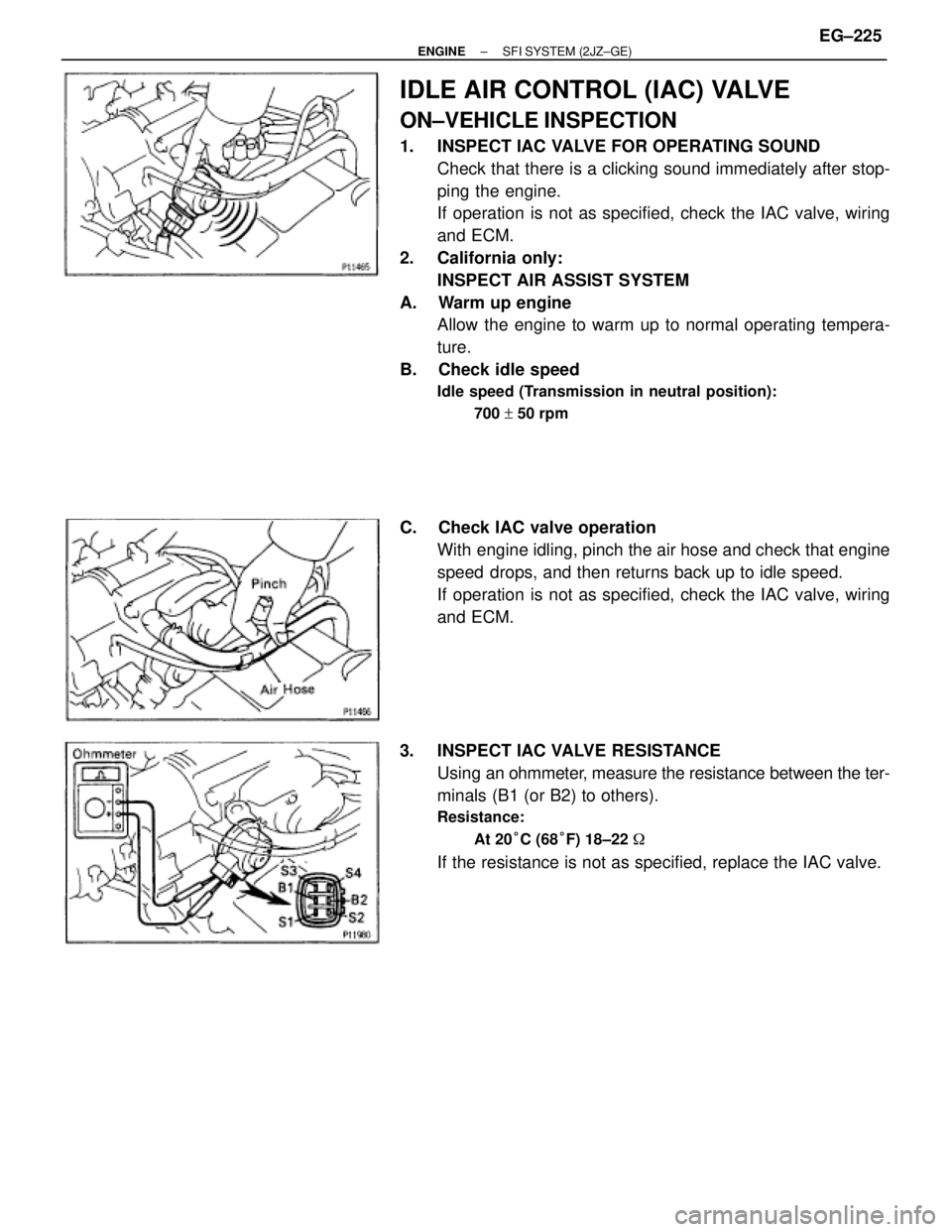 TOYOTA SUPRA 1995  Service Repair Manual IDLE AIR CONTROL (IAC) VALVE
ON±VEHICLE INSPECTION
1.  INSPECT IAC VALVE FOR OPERATING SOUND
Check that there is a clicking sound immediately after stop-
ping the engine.
If operation is not as speci