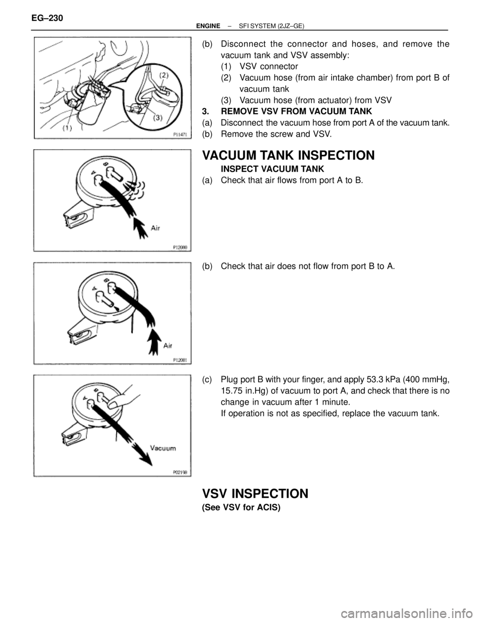 TOYOTA SUPRA 1995  Service Repair Manual (b)  Disconnect the connector and hoses, and remove the
vacuum tank and VSV assembly:
(1) VSV connector
(2)  Vacuum hose (from air intake chamber) from port B of
vacuum tank
(3)  Vacuum hose (from act
