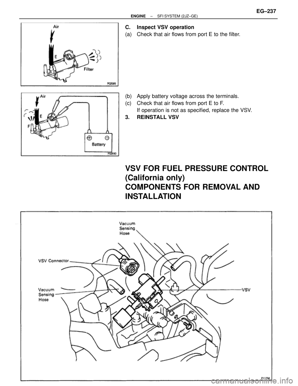 TOYOTA SUPRA 1995  Service Repair Manual C.  Inspect VSV operation
(a)  Check that air flows from port E to the filter.
(b)  Apply battery voltage across the terminals.
(c)  Check that air flows from port E to F.
If operation is not as speci