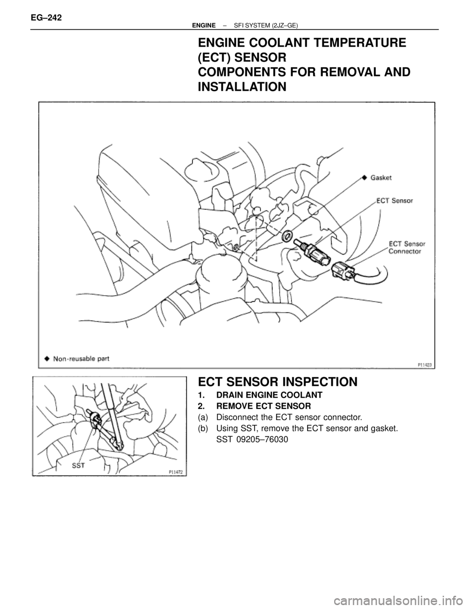 TOYOTA SUPRA 1995  Service Repair Manual ENGINE COOLANT TEMPERATURE
(ECT) SENSOR
COMPONENTS FOR REMOVAL AND
INSTALLATION
ECT SENSOR INSPECTION
1.  DRAIN ENGINE COOLANT
2.  REMOVE ECT SENSOR
(a)  Disconnect the ECT sensor connector.
(b)  Usin