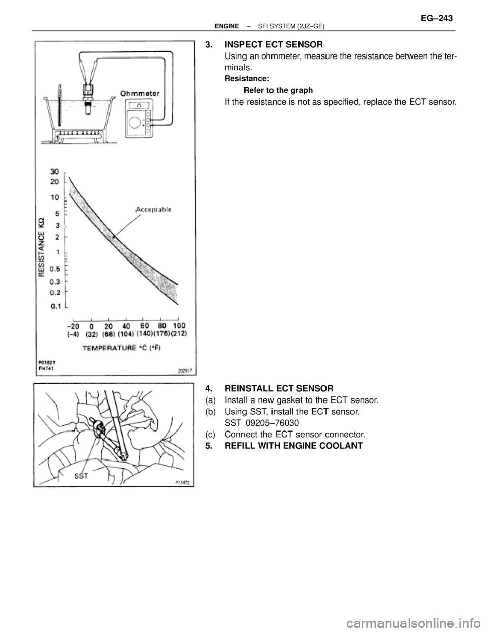 TOYOTA SUPRA 1995  Service Repair Manual 3.  INSPECT ECT SENSOR
Using an ohmmeter, measure the resistance between the ter-
minals.
Resistance:
Refer to the graph
If the resistance is not as specified, replace the ECT sensor.
4.  REINSTALL EC