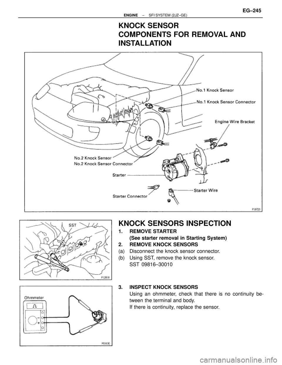 TOYOTA SUPRA 1995  Service Repair Manual KNOCK SENSOR
COMPONENTS FOR REMOVAL AND
INSTALLATION
KNOCK SENSORS INSPECTION
1. REMOVE STARTER
(See starter removal in Starting System)
2.  REMOVE KNOCK SENSORS
(a)  Disconnect the knock sensor conne