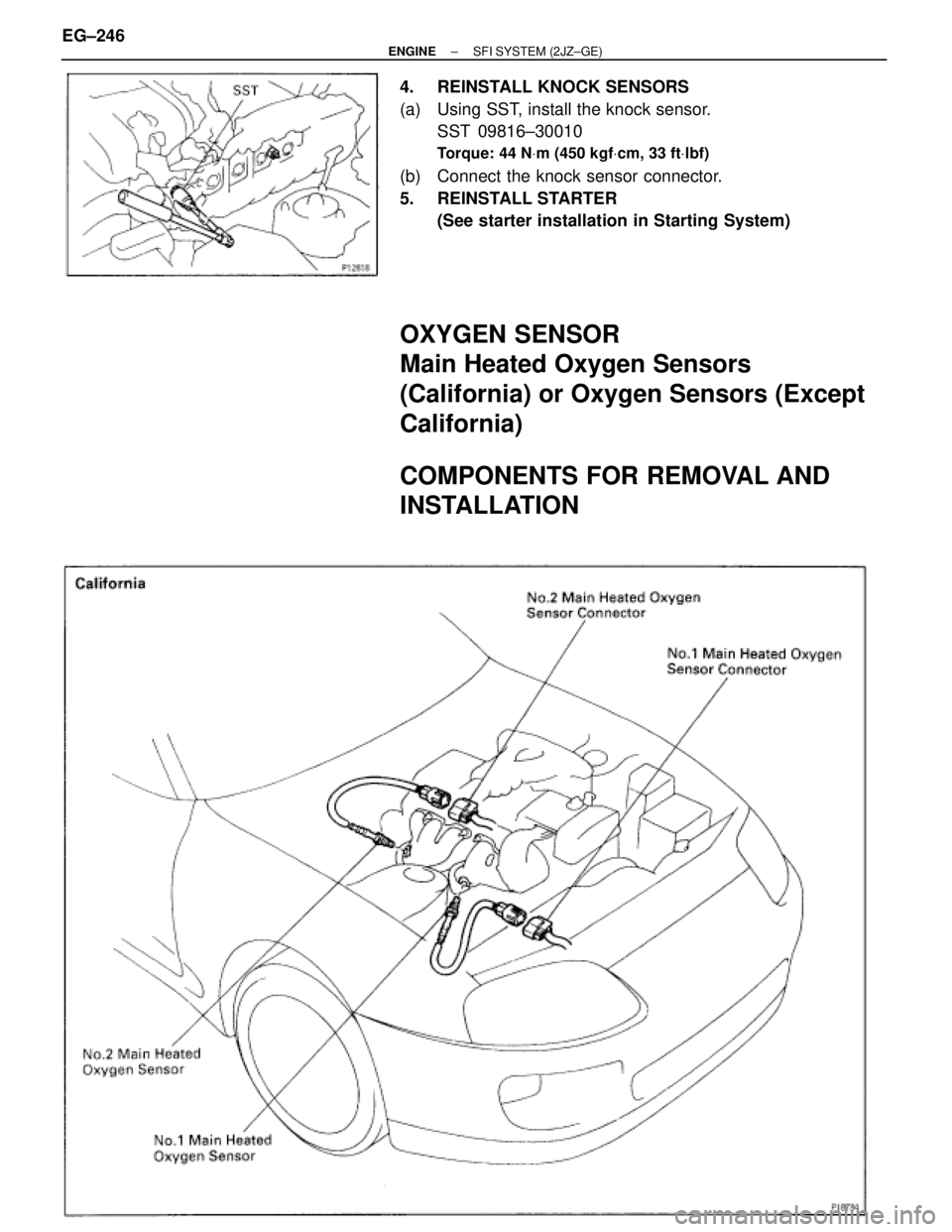 TOYOTA SUPRA 1995  Service Repair Manual 4.  REINSTALL KNOCK SENSORS
(a)  Using SST, install the knock sensor.
SST 09816±30010
Torque: 44 NVm (450 kgfVcm, 33 ftVlbf)
(b)  Connect the knock sensor connector.
5. REINSTALL STARTER
(See starter