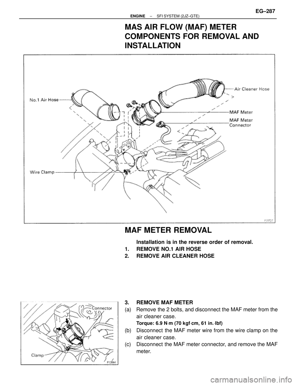 TOYOTA SUPRA 1995  Service Repair Manual MAS AIR FLOW (MAF) METER
COMPONENTS FOR REMOVAL AND
INSTALLATION
MAF METER REMOVAL
Installation is in the reverse order of removal.
1.  REMOVE NO.1 AIR HOSE
2.  REMOVE AIR CLEANER HOSE
3.  REMOVE MAF 