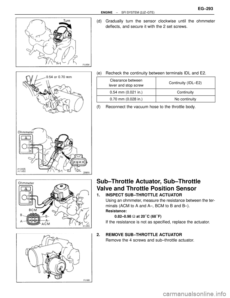 TOYOTA SUPRA 1995  Service Repair Manual (d)  Gradually turn the sensor clockwise until the ohmmeter
deflects,  and secure it with the 2 set screws.
(e)  Recheck the continuity between terminals IDL and E2.
 
 