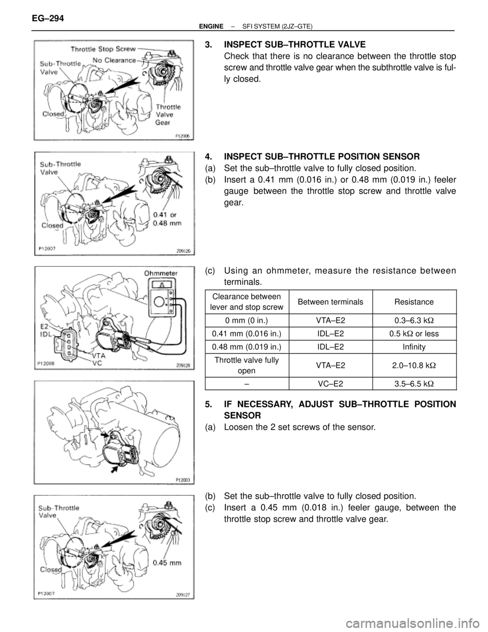 TOYOTA SUPRA 1995  Service Repair Manual 3.  INSPECT SUB±THROTTLE VALVE
Check that there is no clearance between the throttle stop
screw and throttle valve gear when the subthrottle valve is ful-
ly closed.
4.  INSPECT SUB±THROTTLE POSITIO