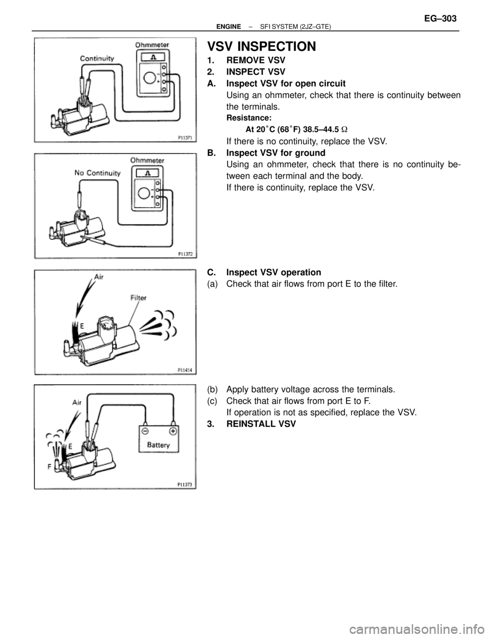TOYOTA SUPRA 1995  Service Repair Manual VSV INSPECTION
1. REMOVE VSV
2. INSPECT VSV
A.  Inspect VSV for open circuit
Using an ohmmeter, check that there is continuity between
the terminals.
Resistance:
At 20°C (68°F) 38.5±44.5 
If there