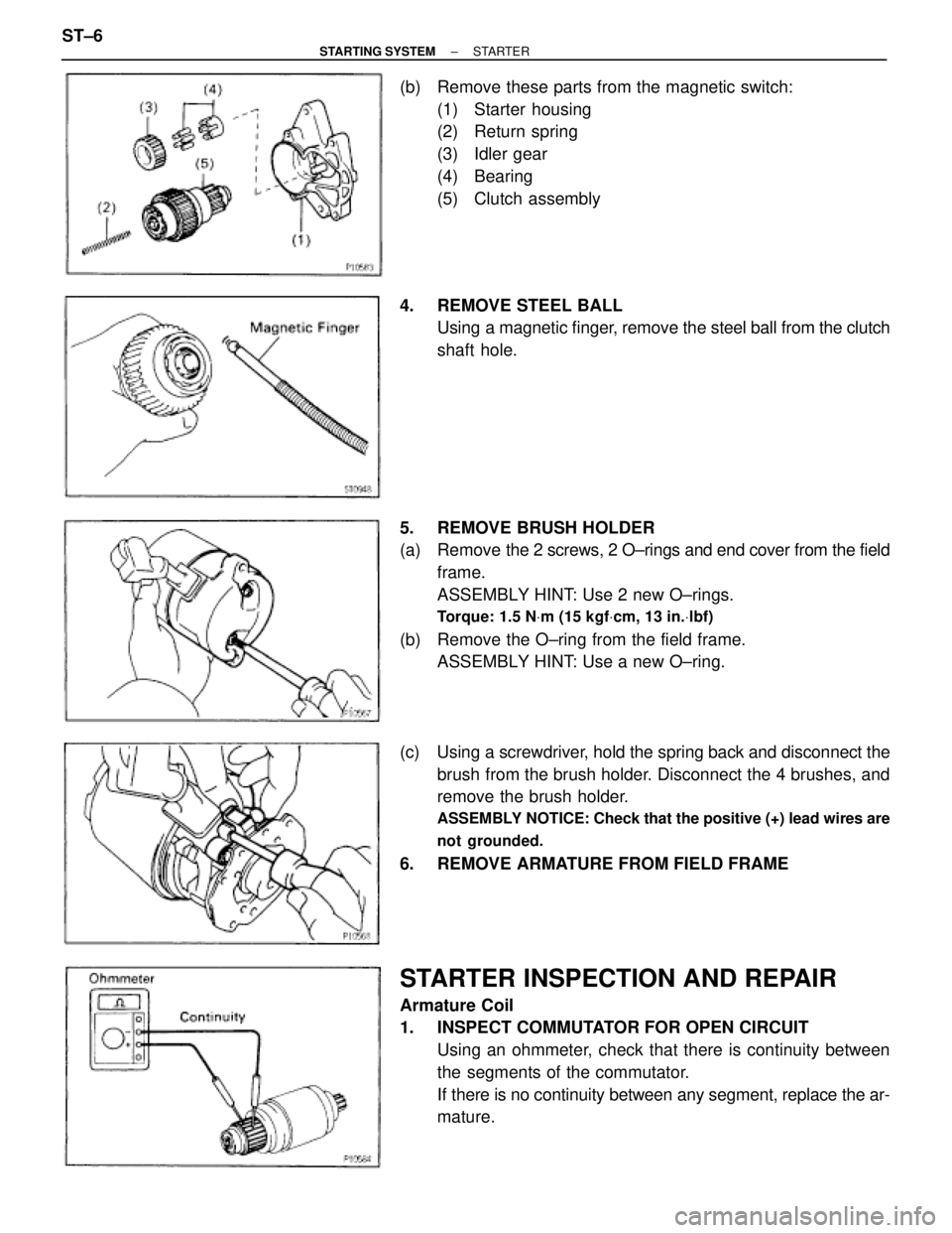 TOYOTA SUPRA 1995 Service Repair Manual (b) Remove these parts from the magnetic switch:
(1) Starter housing
(2) Return spring
(3) Idler gear
(4) Bearing
(5) Clutch assembly
4. REMOVE STEEL BALL
Using a magnetic finger, remove the steel b TOYOTA SUPRA 1995 Service Repair Manual (b) Remove these parts from the magnetic switch:
(1) Starter housing
(2) Return spring
(3) Idler gear
(4) Bearing
(5) Clutch assembly
4. REMOVE STEEL BALL
Using a magnetic finger, remove the steel b