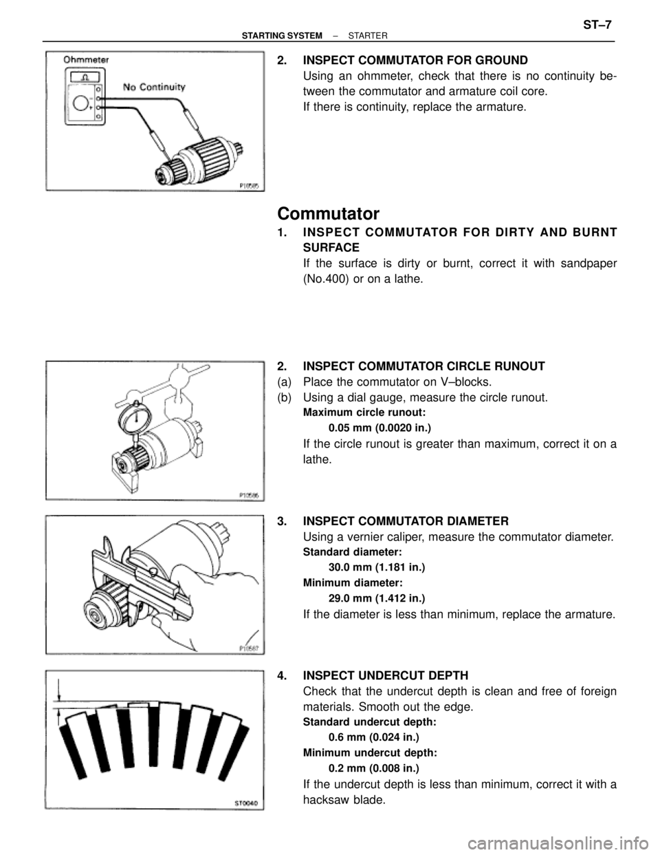 TOYOTA SUPRA 1995  Service Repair Manual 2.  INSPECT COMMUTATOR FOR GROUND
Using an ohmmeter, check that there is no continuity be-
tween the commutator and armature coil core.
If there is continuity, replace the armature.
Commutator
1. INSP