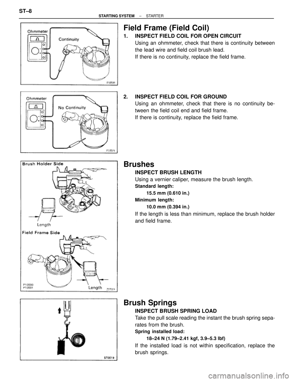 TOYOTA SUPRA 1995  Service Repair Manual Field Frame (Field Coil)
1.  INSPECT FIELD COIL FOR OPEN CIRCUIT
Using an ohmmeter, check that there is continuity between
the lead wire and field coil brush lead.
If there is no continuity, replace t