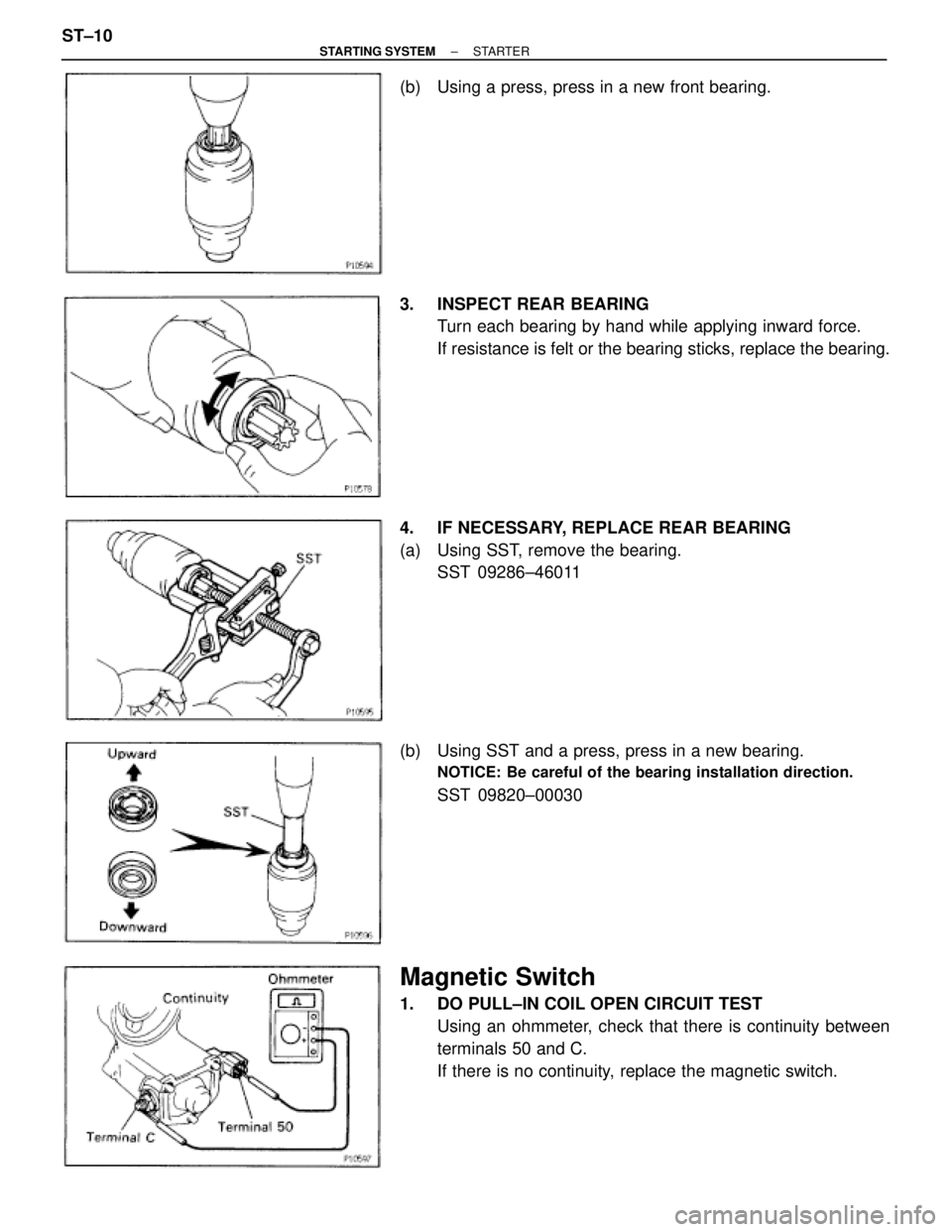 TOYOTA SUPRA 1995  Service Repair Manual (b)  Using a press, press in a new front bearing.
3.  INSPECT REAR BEARING
Turn each bearing by hand while applying inward force.
If resistance is felt or the bearing sticks, replace the bearing.
4.  
