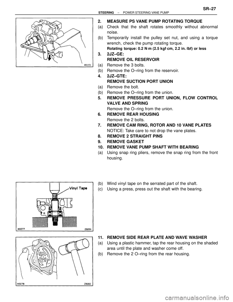 TOYOTA SUPRA 1995 Service Repair Manual 2. MEASURE PS VANE PUMP ROTATING TORQUE
(a) Check that the shaft rotates smoothly without abnormal
noise.
(b) Temporarily install the pulley set nut, and using a torque
wrench, check the pump rotat TOYOTA SUPRA 1995 Service Repair Manual 2. MEASURE PS VANE PUMP ROTATING TORQUE
(a) Check that the shaft rotates smoothly without abnormal
noise.
(b) Temporarily install the pulley set nut, and using a torque
wrench, check the pump rotat