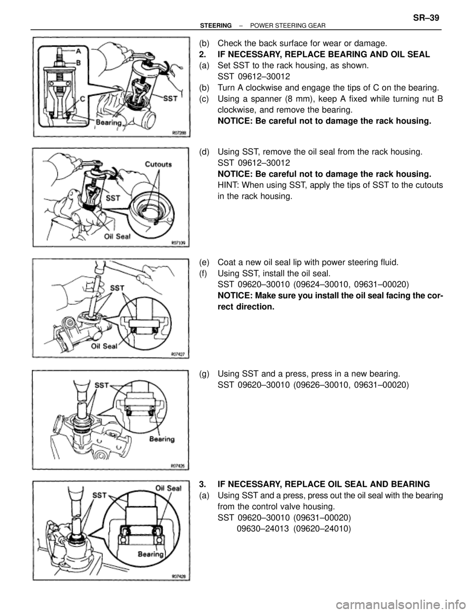 TOYOTA SUPRA 1995  Service Repair Manual (b)  Check the back surface for wear or damage.
2.  IF NECESSARY, REPLACE BEARING AND OIL SEAL
(a)  Set SST to the rack housing, as shown.
SST 09612±30012
(b)  Turn A clockwise and engage the tips of