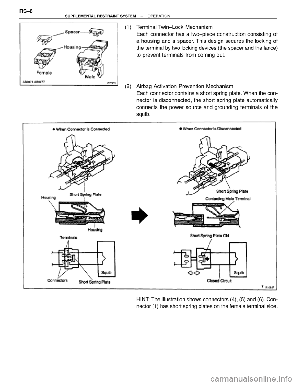 TOYOTA SUPRA 1995  Service Repair Manual (1) Terminal Twin±Lock Mechanism
Each connector has a two±piece construction consisting of
a housing and a spacer. This design secures the locking of
the terminal by two locking devices (the spacer 