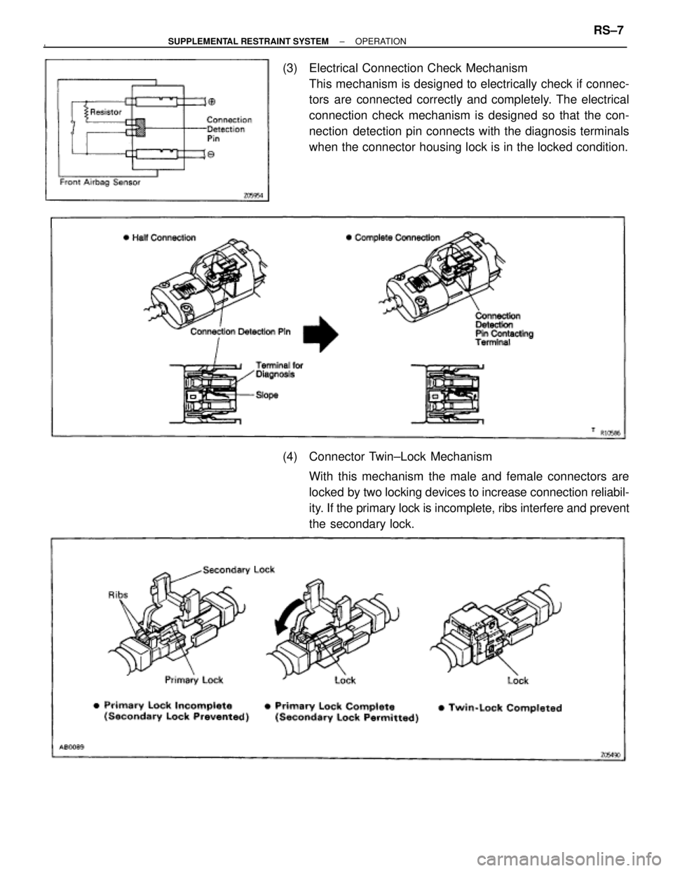 TOYOTA SUPRA 1995  Service Repair Manual `
(3)  Electrical Connection Check Mechanism
This mechanism is designed to electrically check if connec-
tors are connected correctly and completely. The electrical
connection check mechanism is desig