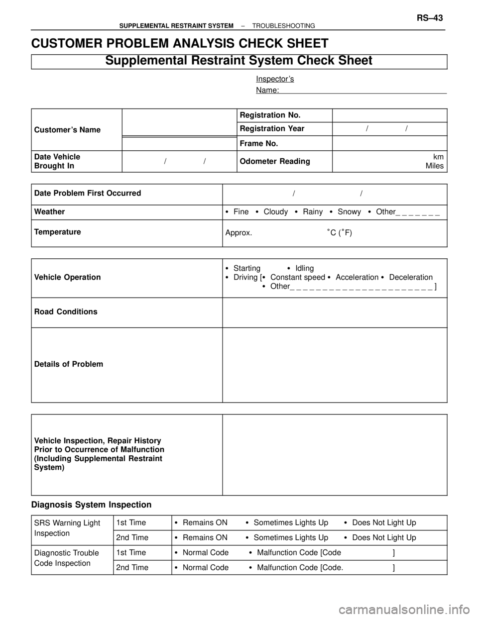 TOYOTA SUPRA 1995  Service Repair Manual CUSTOMER PROBLEM ANALYSIS CHECK SHEET
 Supplemental Restraint System Check Sheet
Inspector s
Name:
 