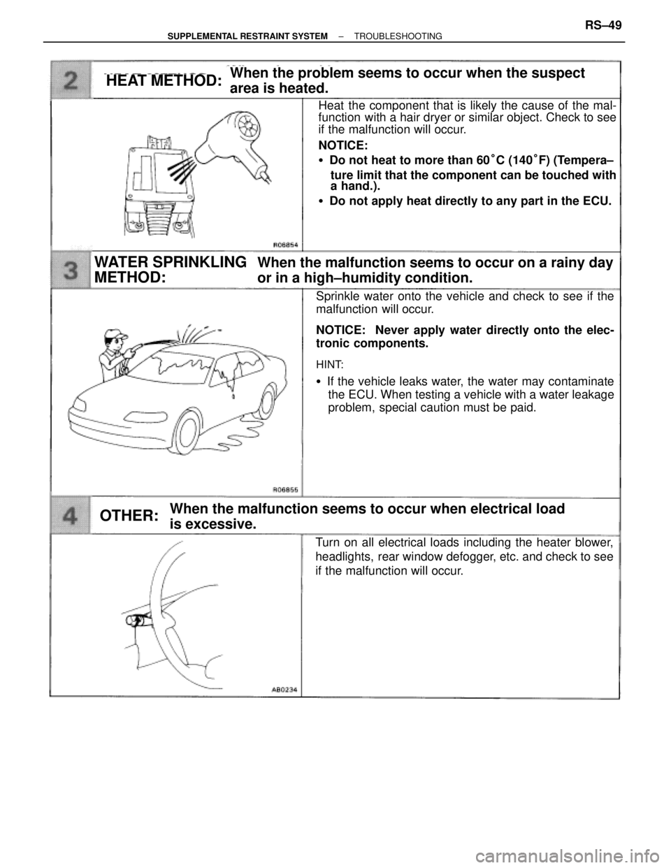 TOYOTA SUPRA 1995  Service Repair Manual When the problem seems to occur when the suspect
area is heated.HEAT METHOD:
Heat the component that is likely the cause of the mal-
function  with a hair dryer or similar object. Check to see
if the 