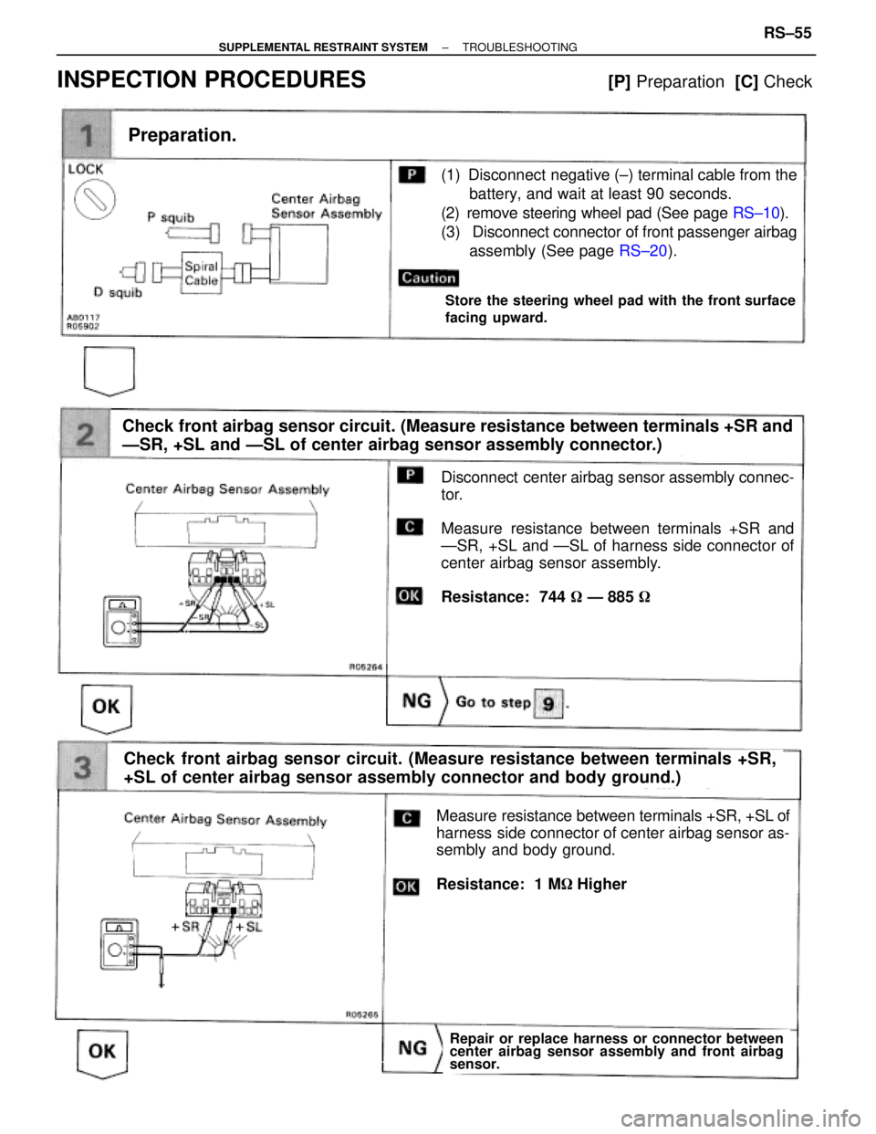 TOYOTA SUPRA 1995 Service Repair Manual (1) Disconnect negative (±) terminal cable from the
battery, and wait at least 90 seconds.
(2) remove steering wheel pad (See page RS±10).
(3) Disconnect connector of front passenger airbag
assemb TOYOTA SUPRA 1995 Service Repair Manual (1) Disconnect negative (±) terminal cable from the
battery, and wait at least 90 seconds.
(2) remove steering wheel pad (See page RS±10).
(3) Disconnect connector of front passenger airbag
assemb