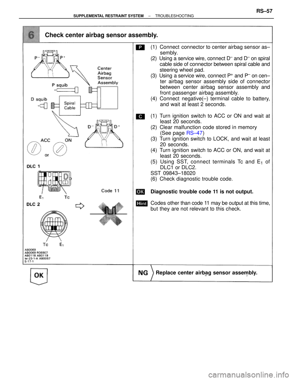 TOYOTA SUPRA 1995 Service Repair Manual Check center airbag sensor assembly.
(1) Connect connector to center airbag sensor as±
sembly.
(2) Using a service wire, connect D
± and D± on spiral
cable side of connector between spiral cable a TOYOTA SUPRA 1995 Service Repair Manual Check center airbag sensor assembly.
(1) Connect connector to center airbag sensor as±
sembly.
(2) Using a service wire, connect D
± and D± on spiral
cable side of connector between spiral cable a