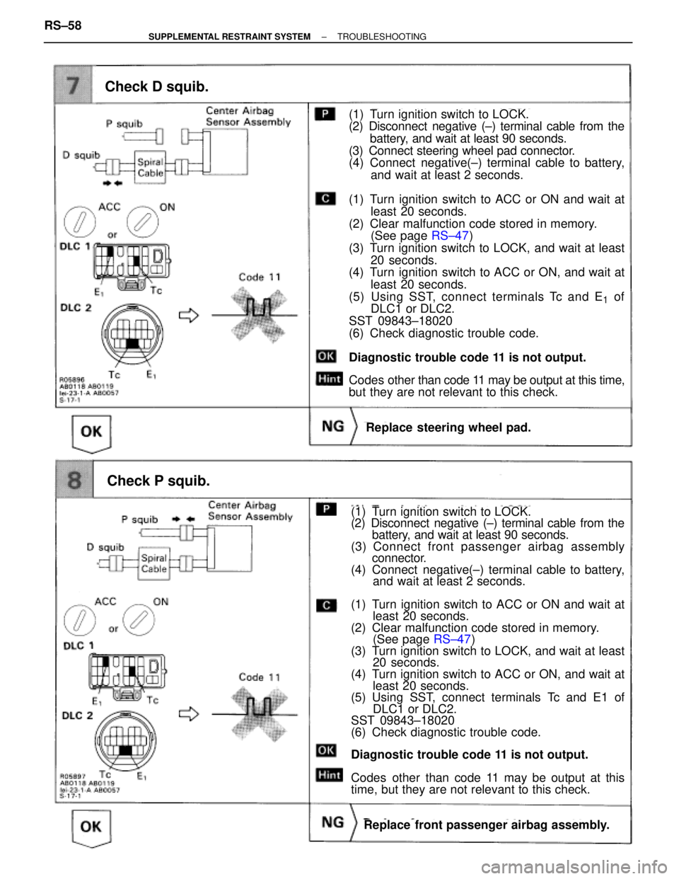 TOYOTA SUPRA 1995 Service Repair Manual Check D squib.
(1) Turn ignition switch to LOCK.
(2) Disconnect negative (±) terminal cable from the
battery, and wait at least 90 seconds.
(3) Connect steering wheel pad connector.
(4) Connect nega TOYOTA SUPRA 1995 Service Repair Manual Check D squib.
(1) Turn ignition switch to LOCK.
(2) Disconnect negative (±) terminal cable from the
battery, and wait at least 90 seconds.
(3) Connect steering wheel pad connector.
(4) Connect nega