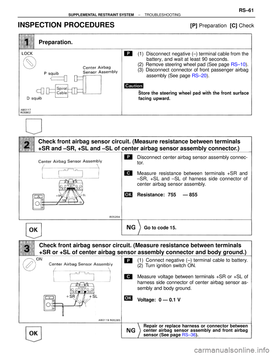 TOYOTA SUPRA 1995 Service Repair Manual Preparation.
Disconnect center airbag sensor assembly connec-
tor.
Measure resistance between terminals +SR and
±SR, +SL and ±SL of harness side connector of
center airbag sensor assembly.
Resistan TOYOTA SUPRA 1995 Service Repair Manual Preparation.
Disconnect center airbag sensor assembly connec-
tor.
Measure resistance between terminals +SR and
±SR, +SL and ±SL of harness side connector of
center airbag sensor assembly.
Resistan