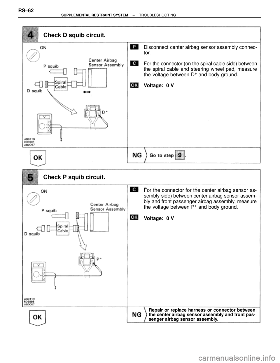 TOYOTA SUPRA 1995  Service Repair Manual Check D squib circuit.
For the connector for the center airbag sensor as-
sembly side) between center airbag sensor assem-
bly and front passenger airbag assembly, measure
the voltage between P
+ and 