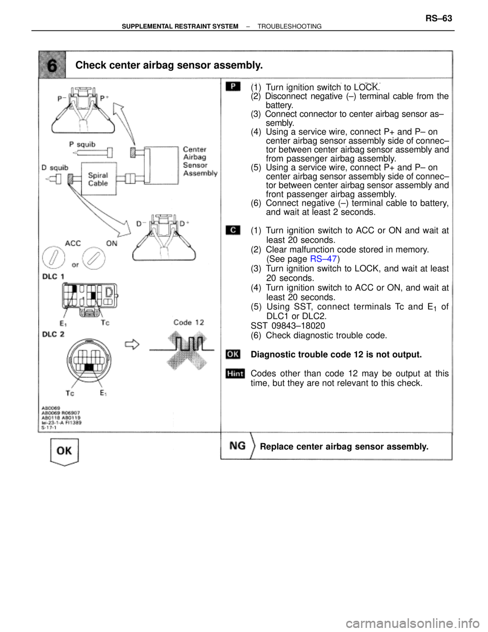 TOYOTA SUPRA 1995  Service Repair Manual Check center airbag sensor assembly.
(1) Turn ignition switch to LOCK.
(2) Disconnect negative (±) terminal cable from the
battery.
(3) Connect connector to center airbag sensor as±
sembly.
(4) Usin