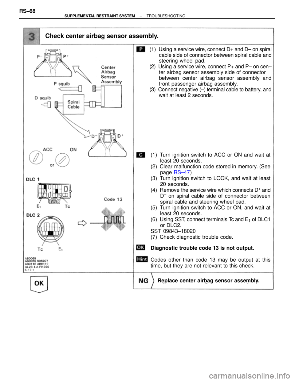 TOYOTA SUPRA 1995  Service Repair Manual Check center airbag sensor assembly.
(1) Turn ignition switch to ACC or ON and wait at
least 20 seconds.
(2) Clear malfunction code stored in memory. (See
page RS±47)
(3) Turn ignition switch to LOCK