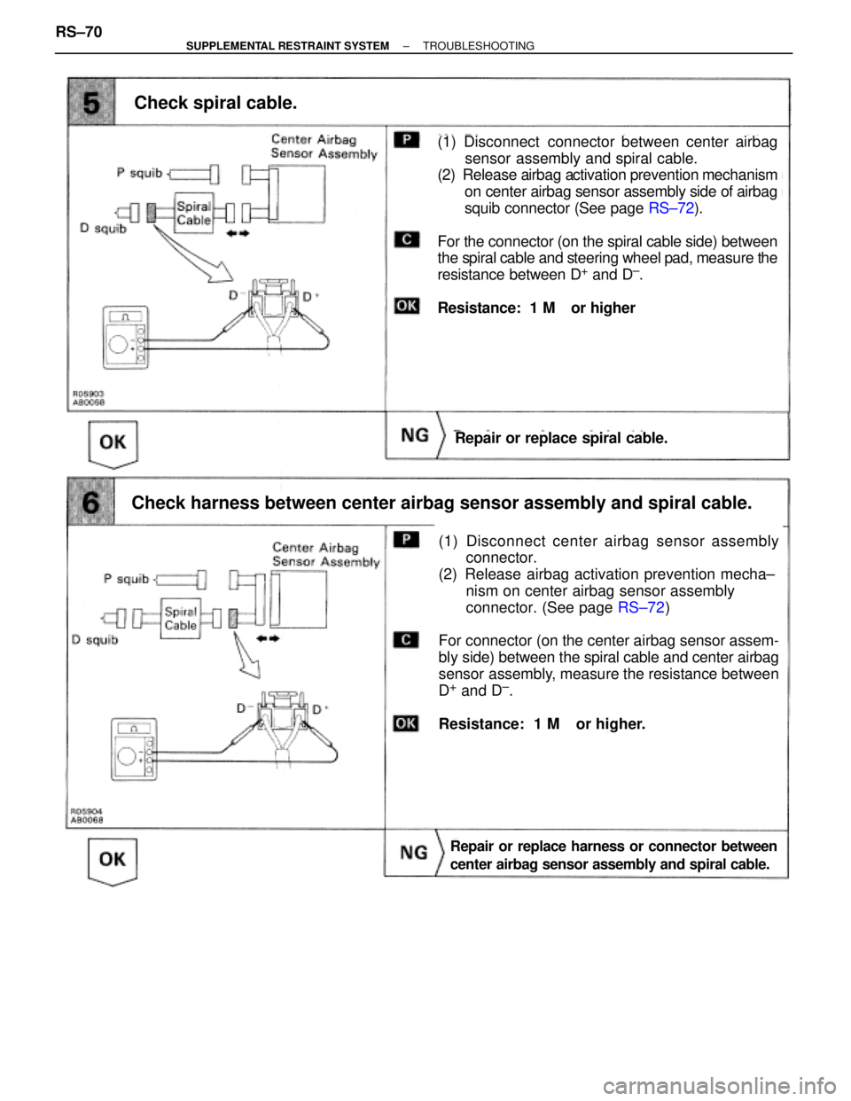 TOYOTA SUPRA 1995 Service Repair Manual (See page RS±72).
Check spiral cable.
(1) Disconnect connector between center airbag
sensor assembly and spiral cable.
(2) Release airbag activation prevention mechanism
on center airbag sensor asse TOYOTA SUPRA 1995 Service Repair Manual (See page RS±72).
Check spiral cable.
(1) Disconnect connector between center airbag
sensor assembly and spiral cable.
(2) Release airbag activation prevention mechanism
on center airbag sensor asse