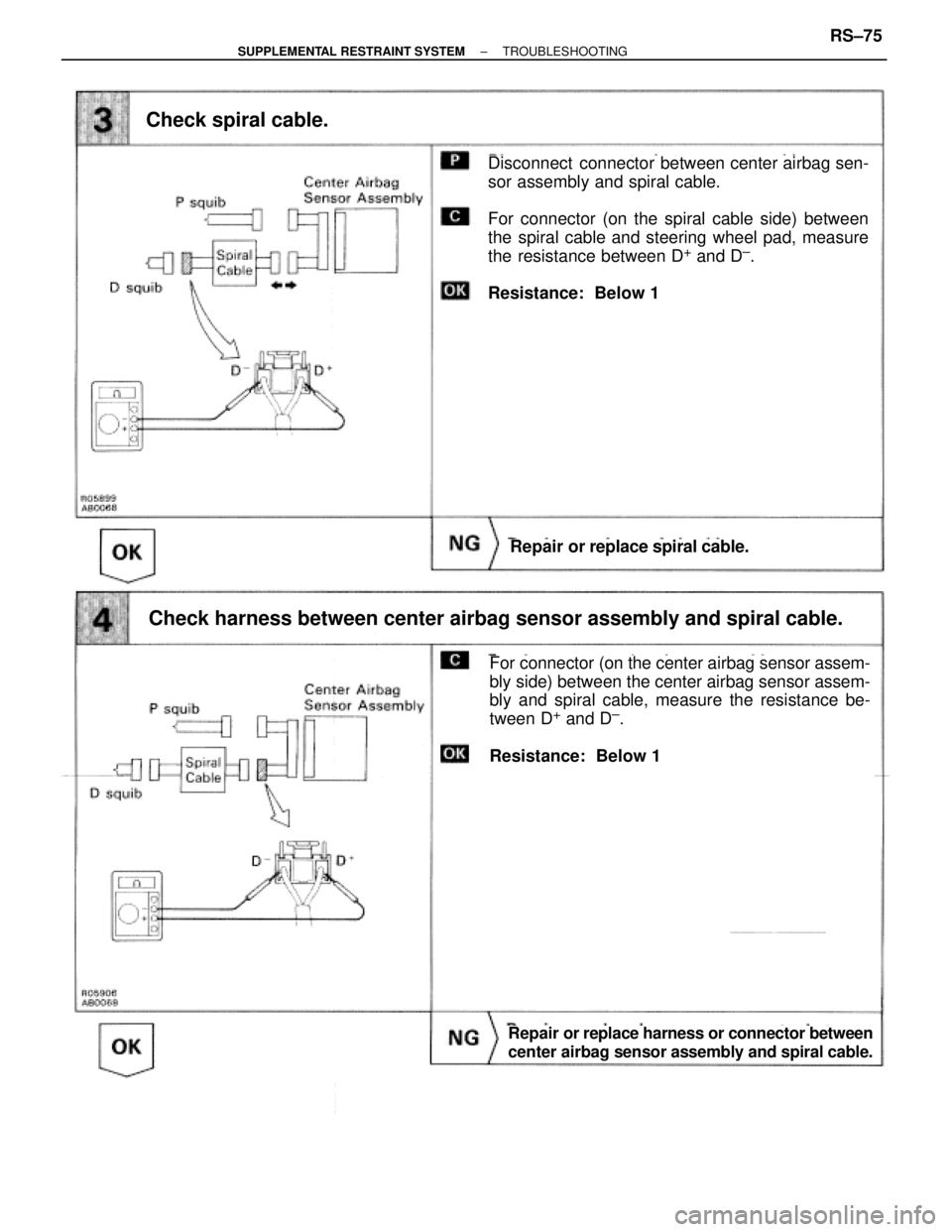 TOYOTA SUPRA 1995  Service Repair Manual Check spiral cable.
Disconnect  connector between center airbag sen-
sor assembly and spiral cable.
For connector (on the spiral cable side) between
the spiral cable and steering wheel pad, measure
th