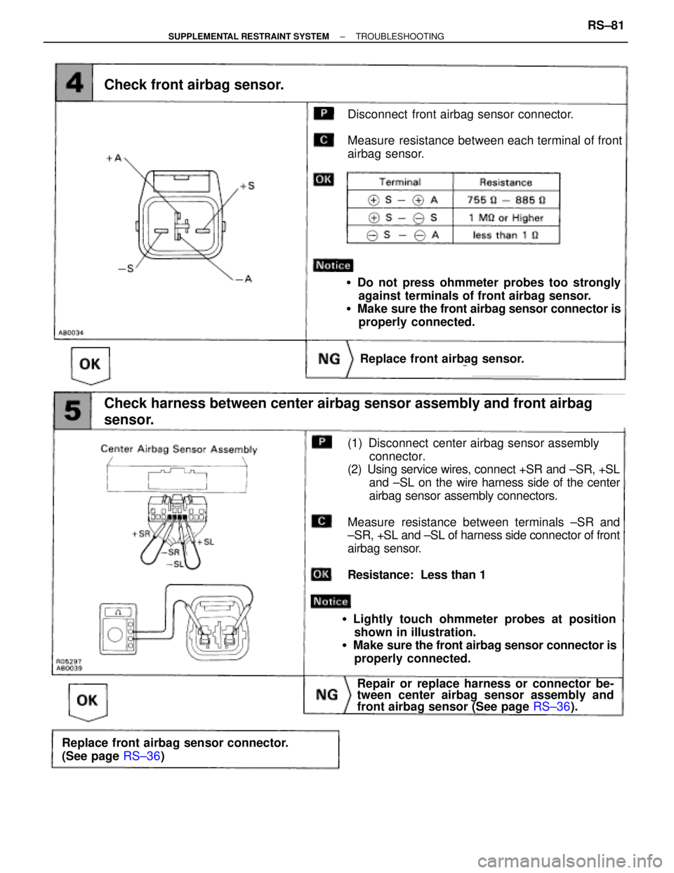 TOYOTA SUPRA 1995 Service Repair Manual Check front airbag sensor.
Disconnect front airbag sensor connector.
Measure resistance between each terminal of front
airbag sensor.
Do not press ohmmeter probes too strongly
against terminals of TOYOTA SUPRA 1995 Service Repair Manual Check front airbag sensor.
Disconnect front airbag sensor connector.
Measure resistance between each terminal of front
airbag sensor.
Do not press ohmmeter probes too strongly
against terminals of